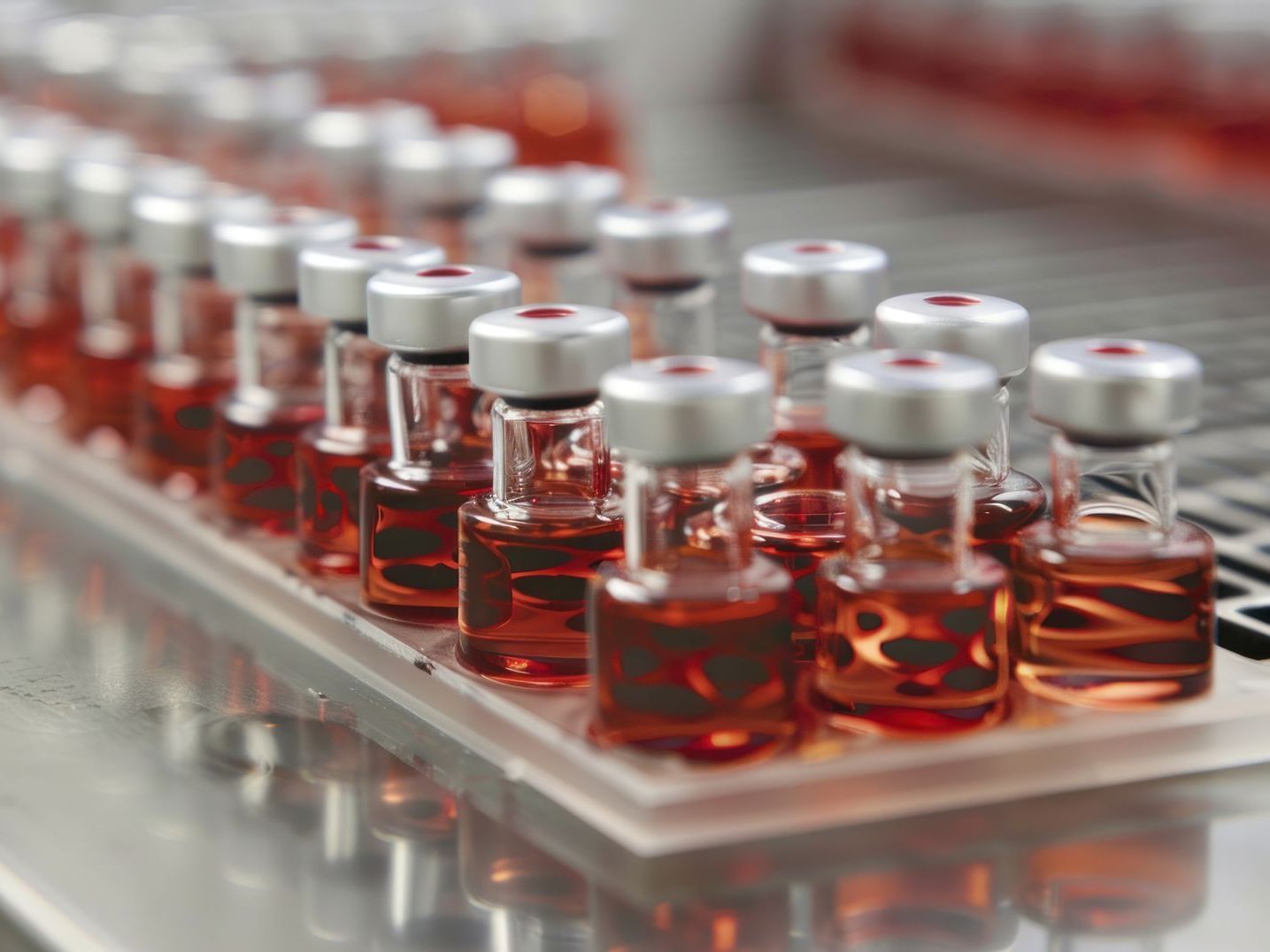 A tray of bottles filled with red liquid on a table.