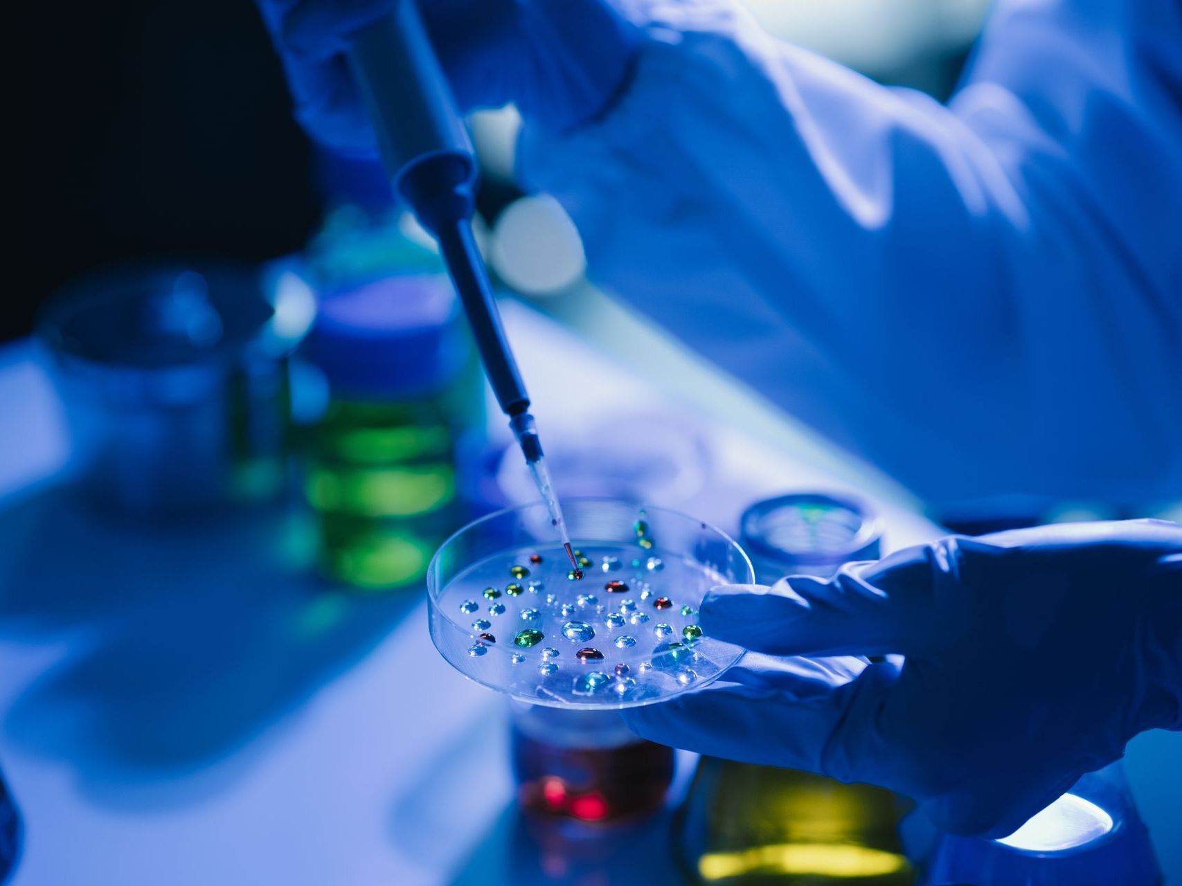 A person is pouring liquid into a petri dish.