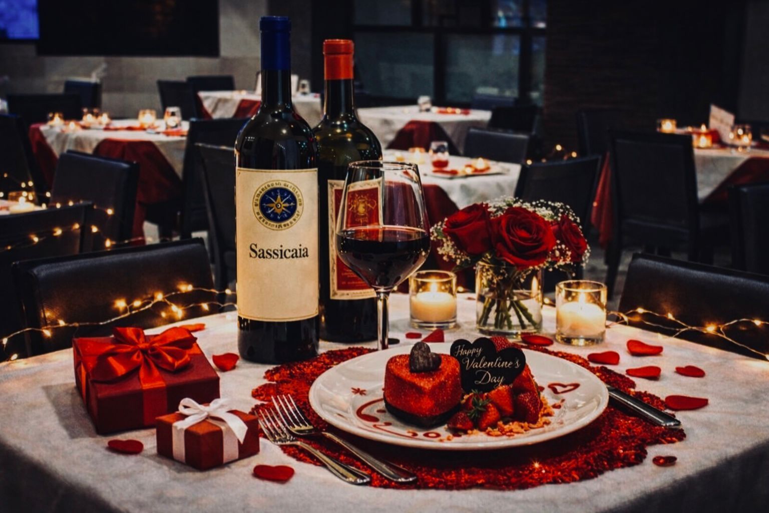 tavolo di un ristorante apparecchiata per San Valentino