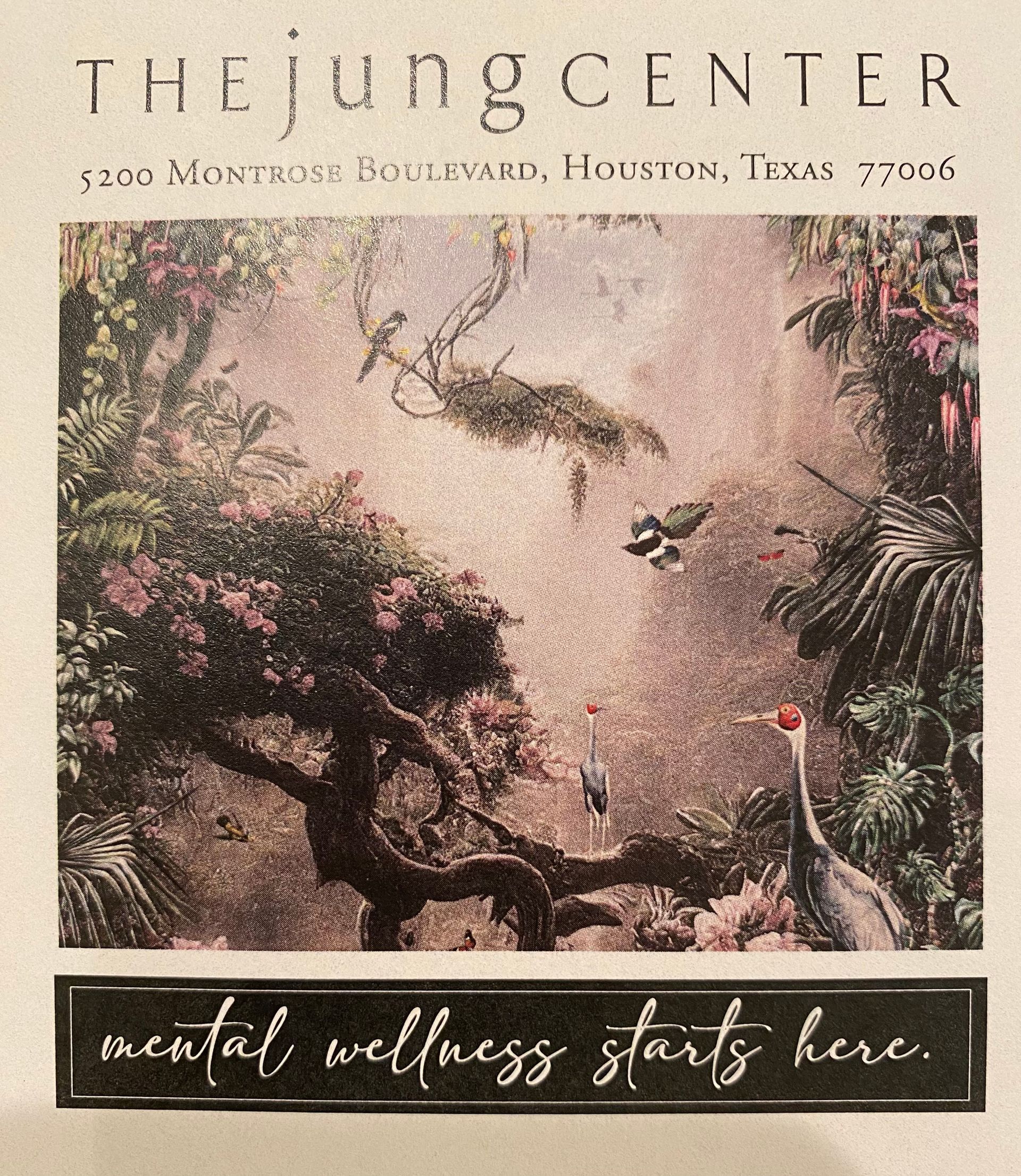 A poster for the jung center with a picture of birds and trees.