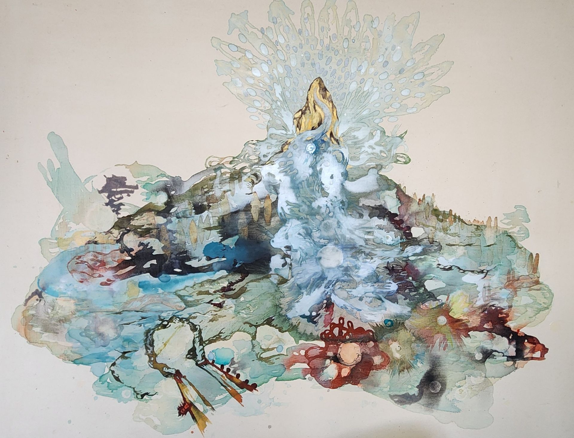 Abstract watercolor art; blues, greens, and browns blend, with a central, light-colored figure and radiant halo-like shape above.