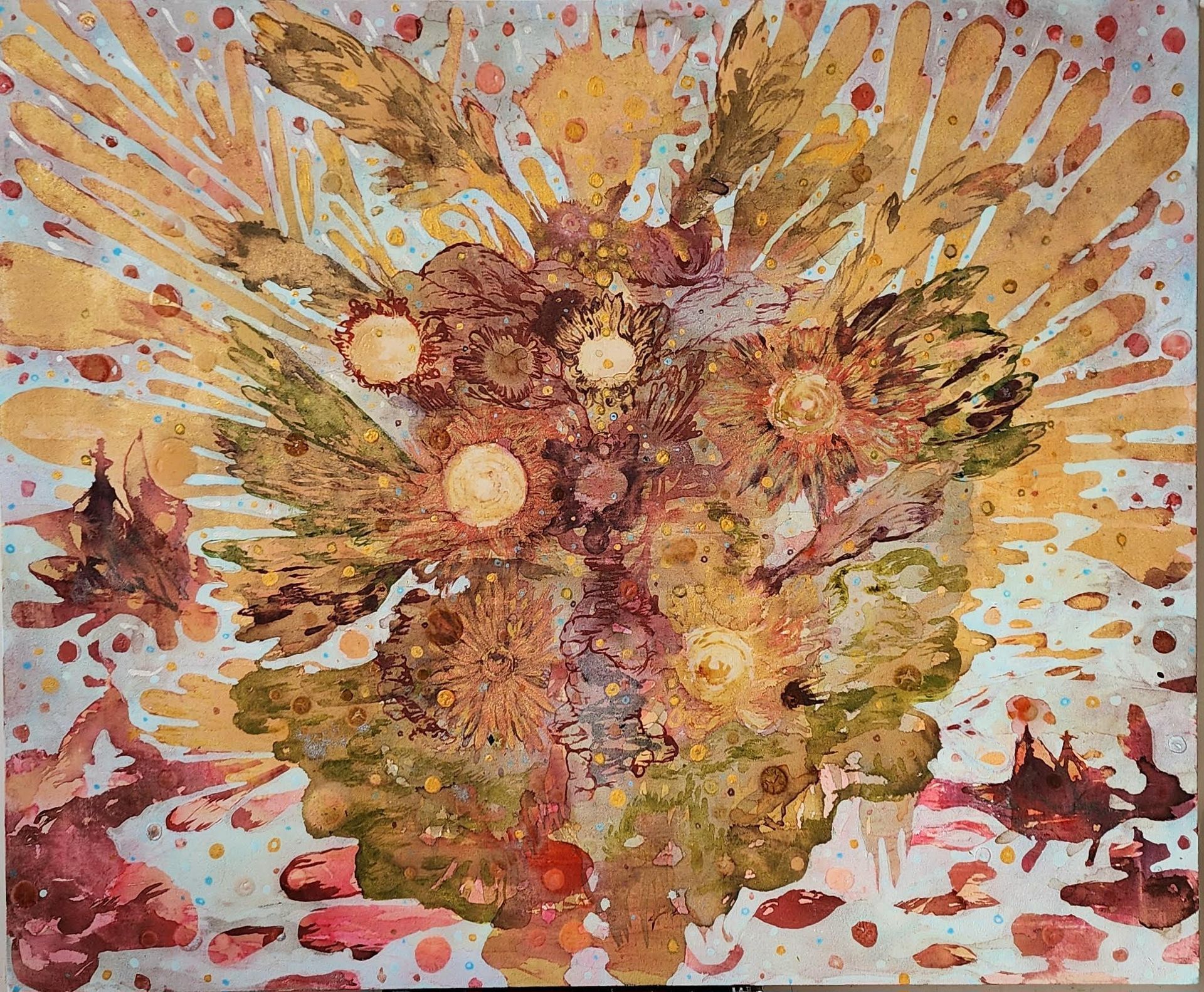 Abstract watercolor painting: central burst of amber and brown leaves, with surrounding splashes and small figures.