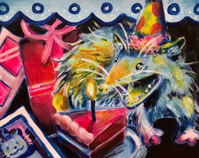 A painting of a cat wearing a party hat