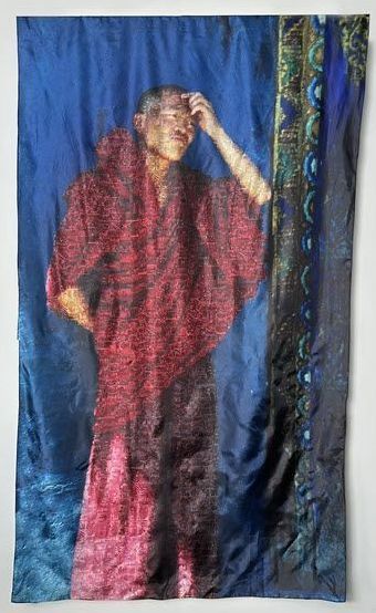 A painting of a man in a red robe standing in front of a blue curtain.