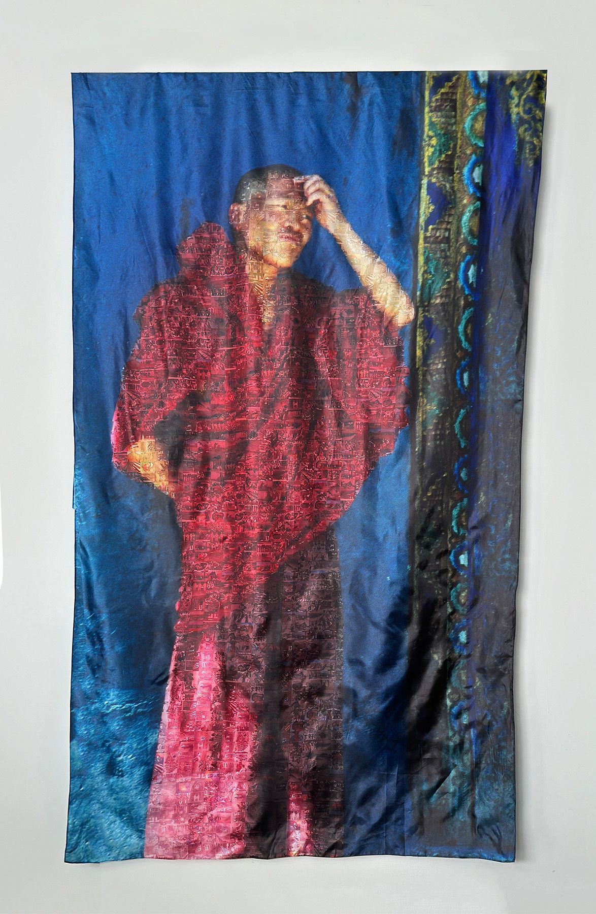 A painting of a woman in a red dress standing in front of a blue curtain.