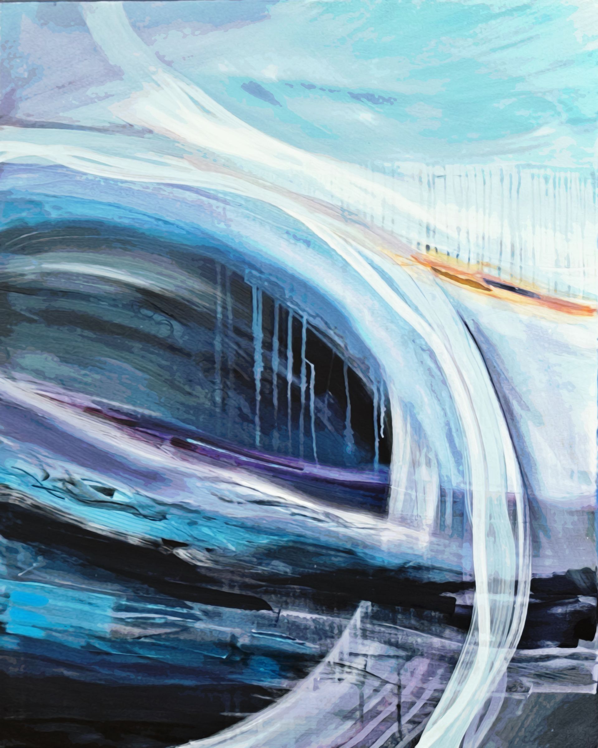 A close up of a painting of a blue and purple landscape
