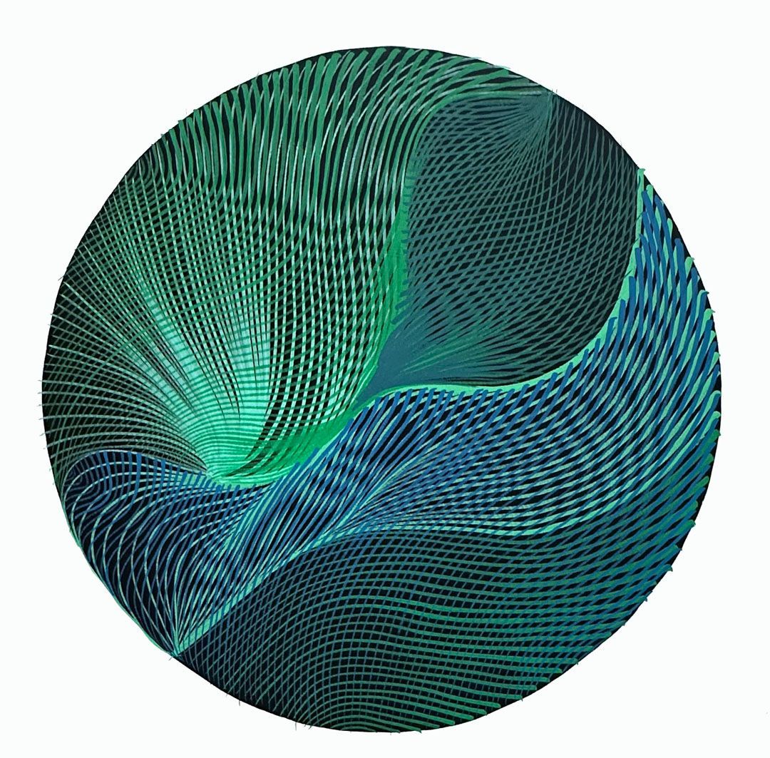 Abstract design: teal and green curved lines within a circle, creating a flowing, textured pattern.
