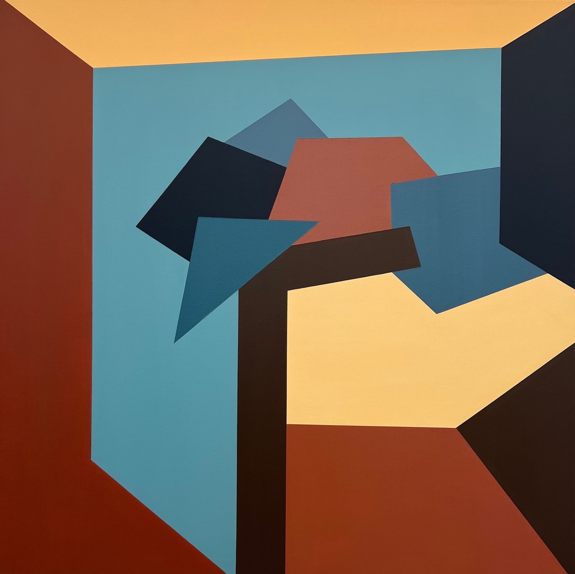 Geometric painting of a tree and room in blue, brown, and tan.