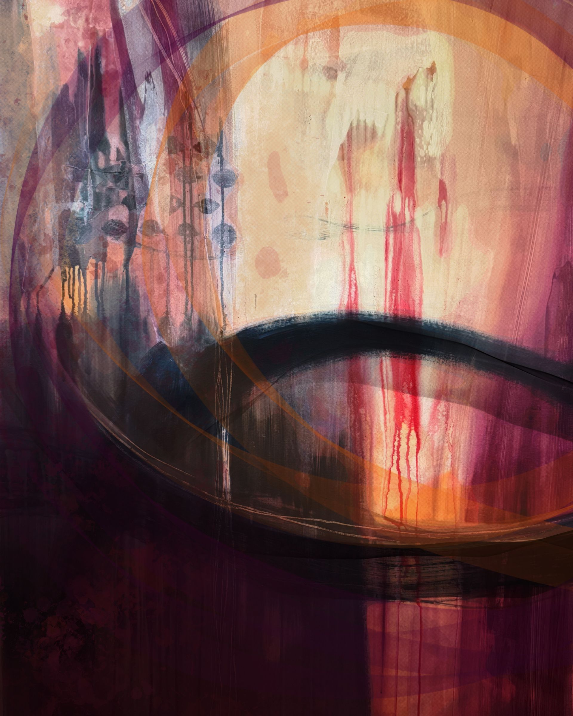 A close up of a painting of a bridge on a purple background.