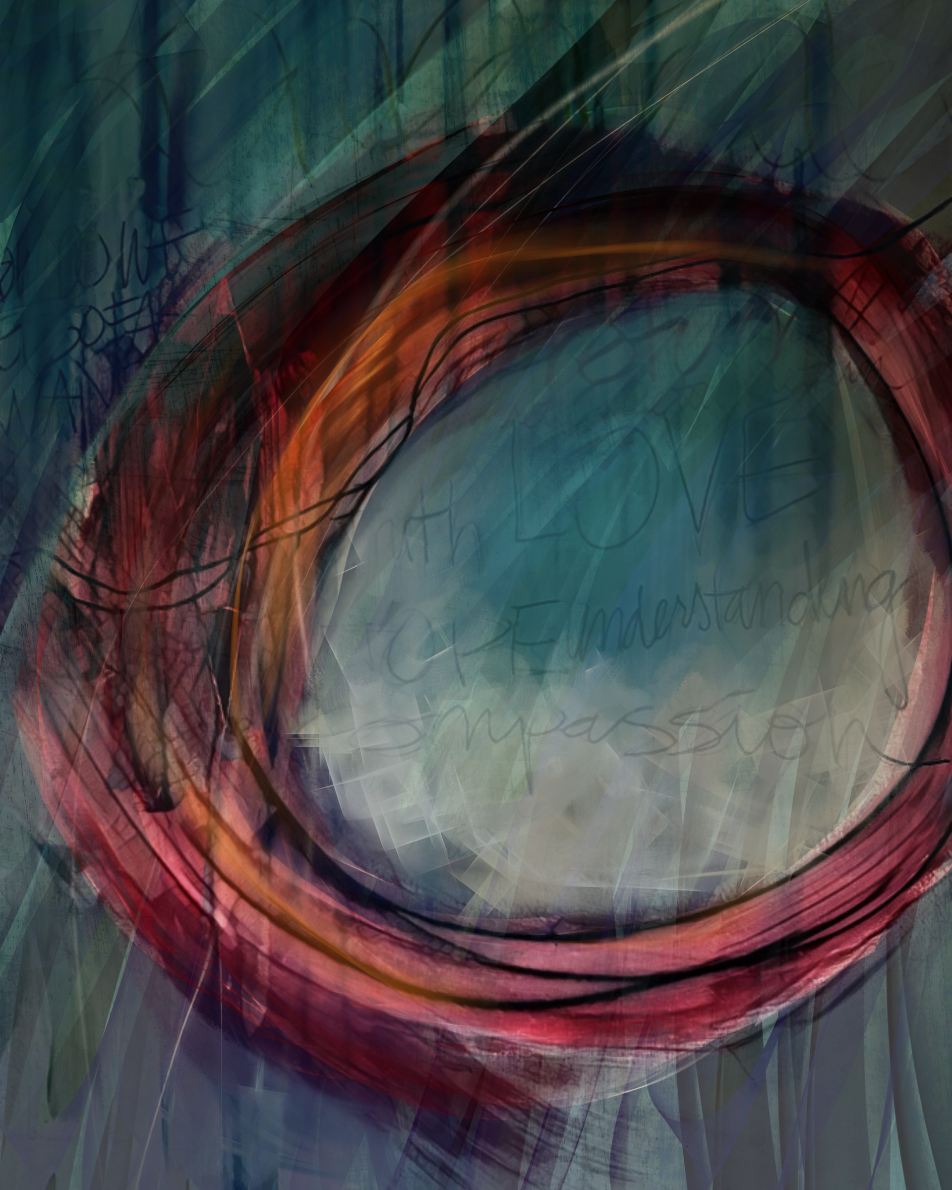 A close up of a painting of a circle on a blue background.