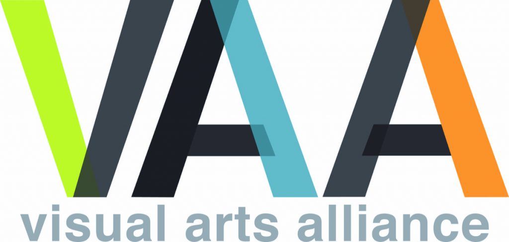 The logo for the visual arts alliance is blue , green , and orange.