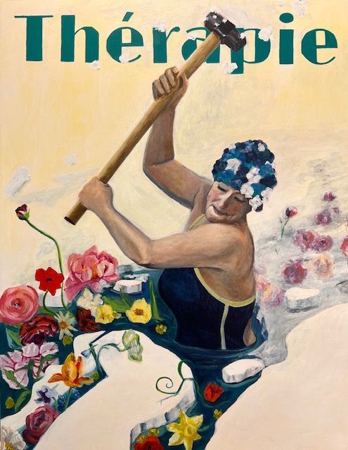 A painting of a woman holding a hammer in front of the word therapie