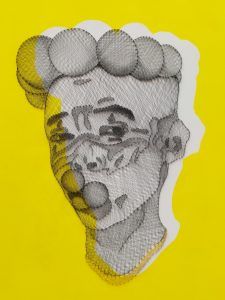 A black and white drawing of a foot on a yellow background.