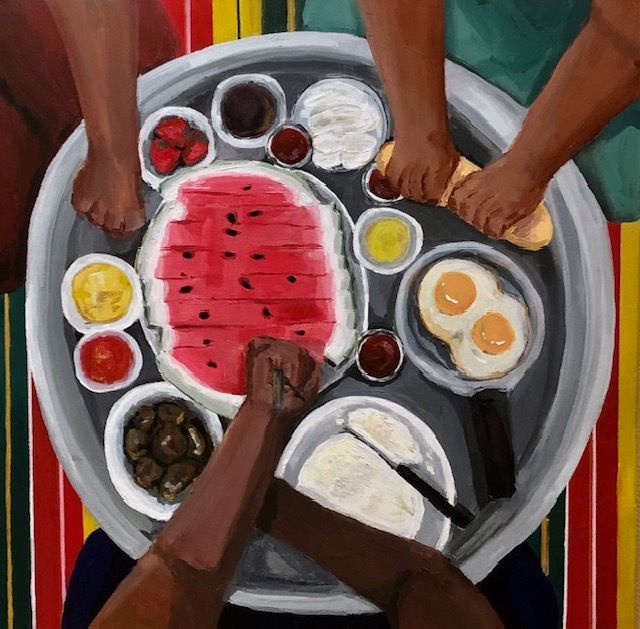 A painting of people sitting around a tray of food