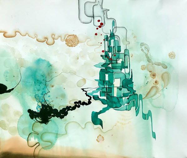A close up of a painting with a castle in the middle