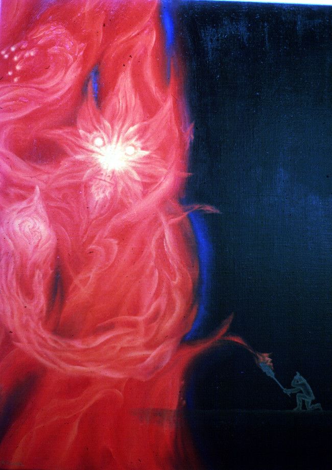 A close up of a painting of a red flower on a black background.