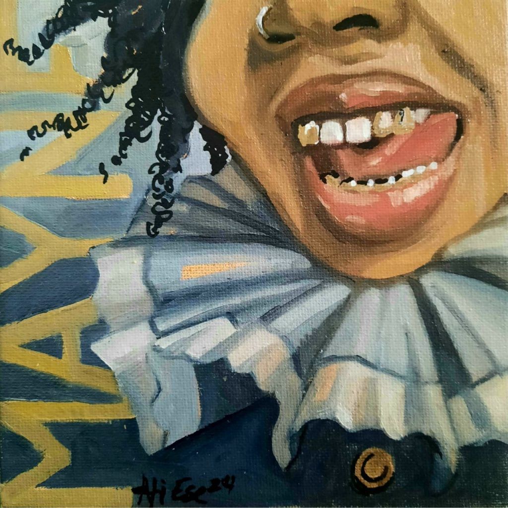 A painting of a woman 's mouth with gold teeth