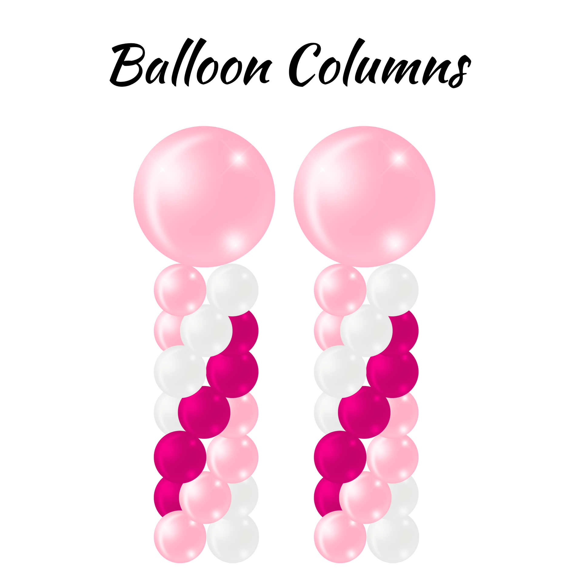 Two pink, white, and fuchsia balloon columns topped with large pink balloons.