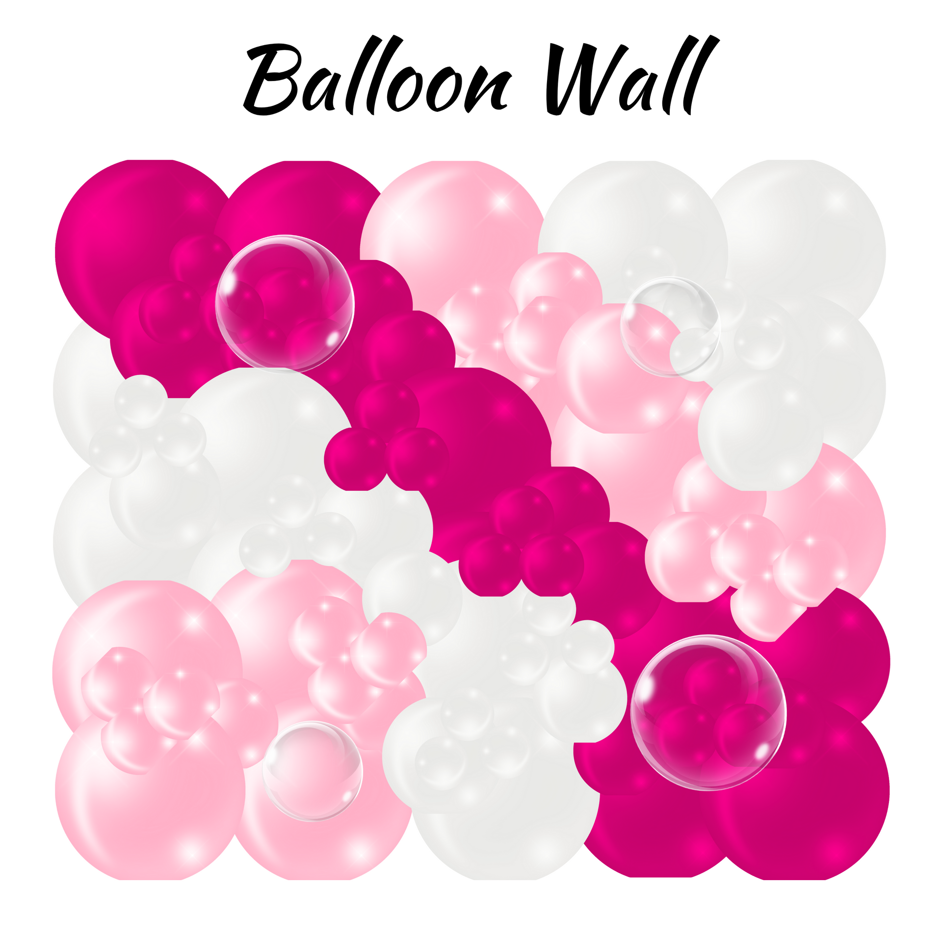 Balloon wall with alternating pink, white, and fuchsia balloons, some with bubbles.