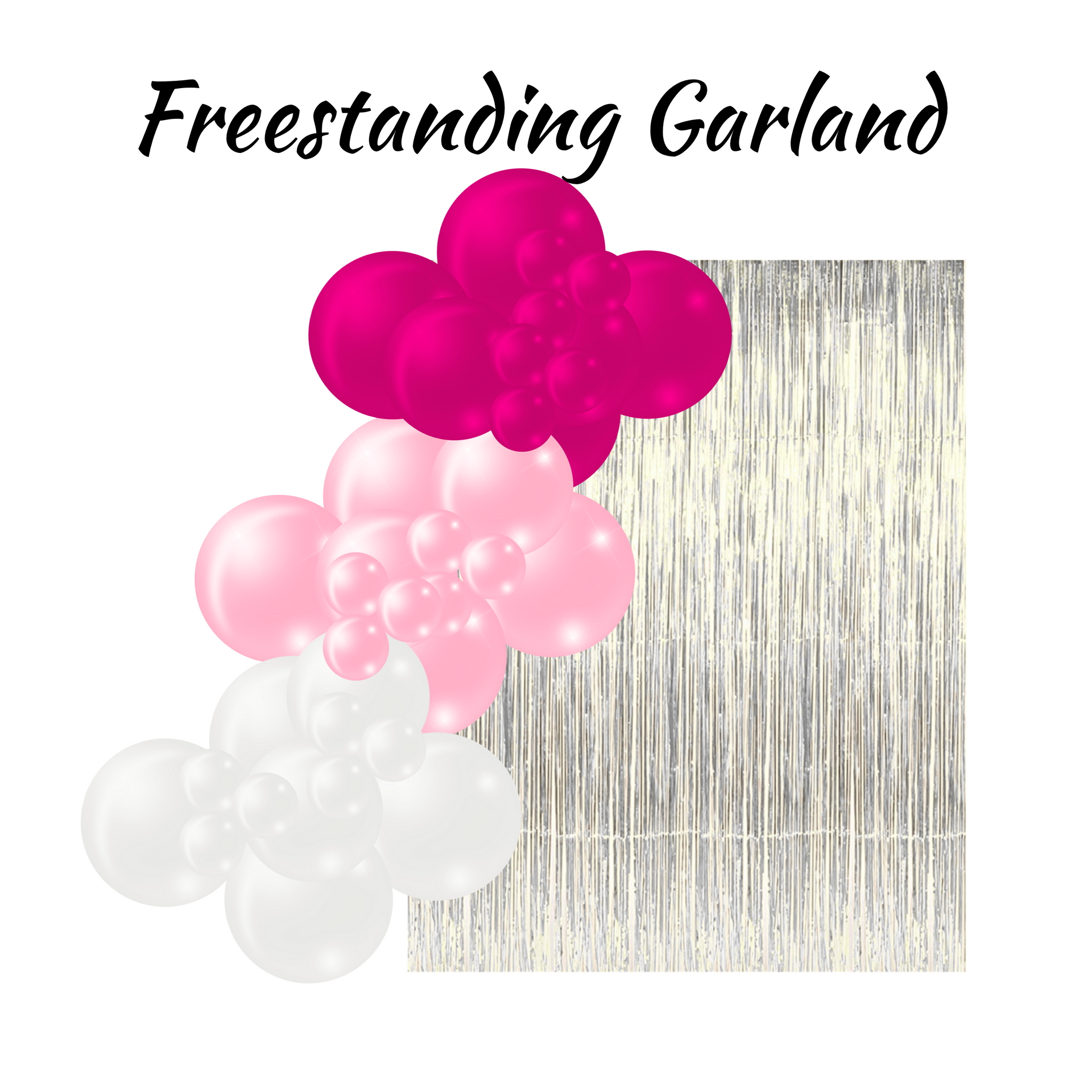 A freestanding balloon garland with white, pink, and magenta balloons next to a silver backdrop.