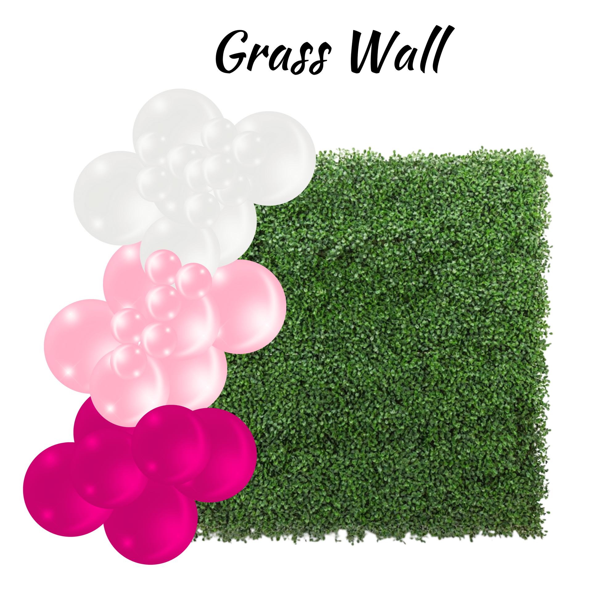 Grass wall backdrop with white, pink, and magenta balloon clusters.