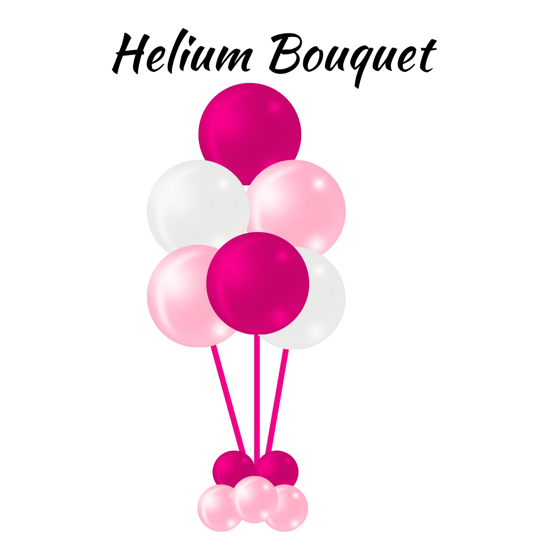 Helium balloon bouquet with magenta, white, and pink balloons.