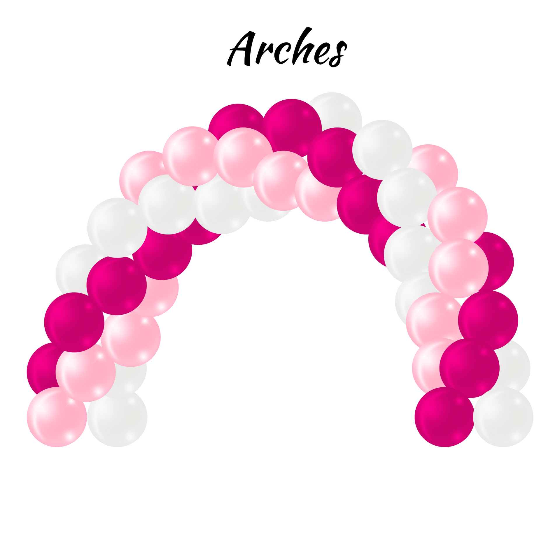 Balloon arch with white, pink, and magenta balloons.