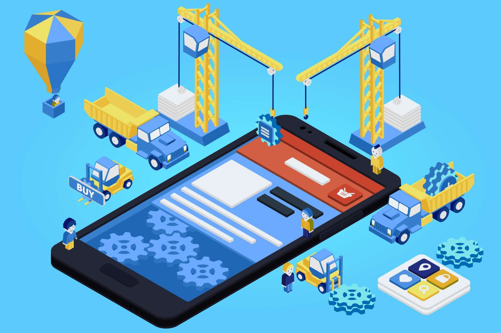 An isometric illustration of a cell phone being built.