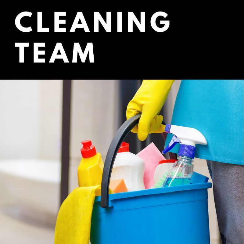 A person is holding a blue bucket full of cleaning supplies