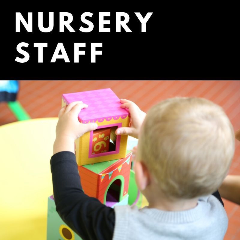 A baby is playing with a toy house and the words nursery staff are above him