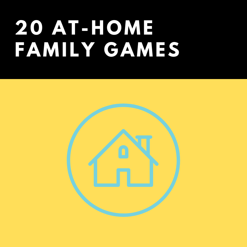 A picture of a house in a circle with the words `` 20 at home family games '' below it.