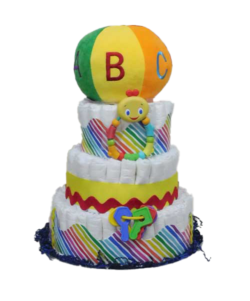 A diaper cake with the letter b on top