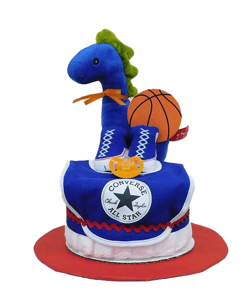 A converse all star diaper cake with a stuffed dinosaur on top