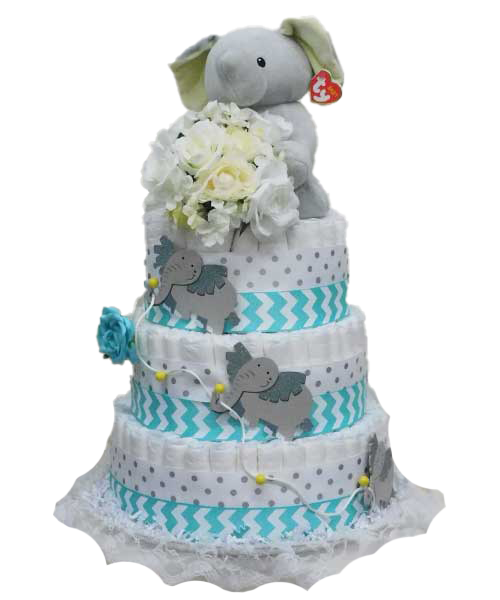 A diaper cake with elephants and flowers on it