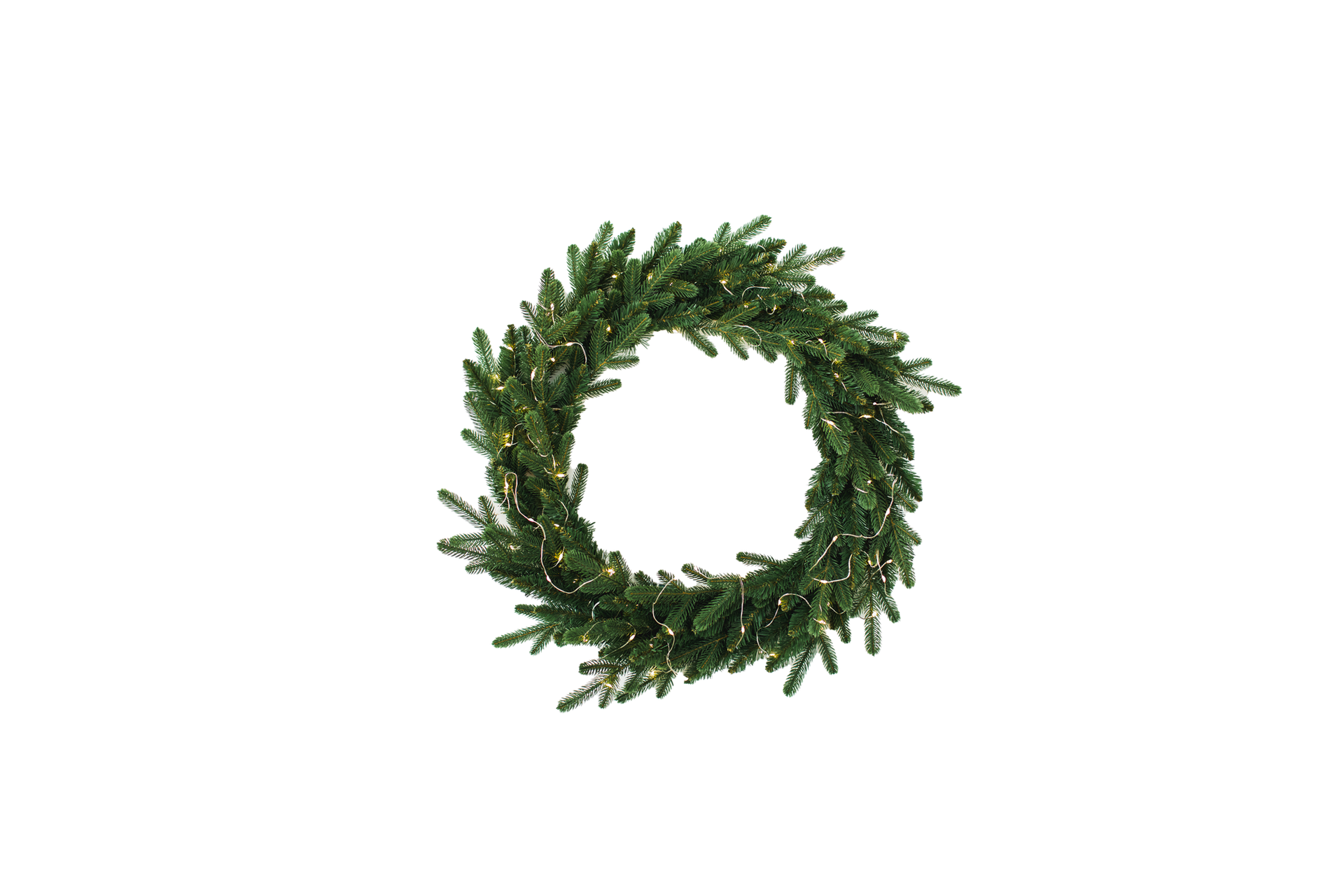 A christmas wreath with lights inside of it on a white background.