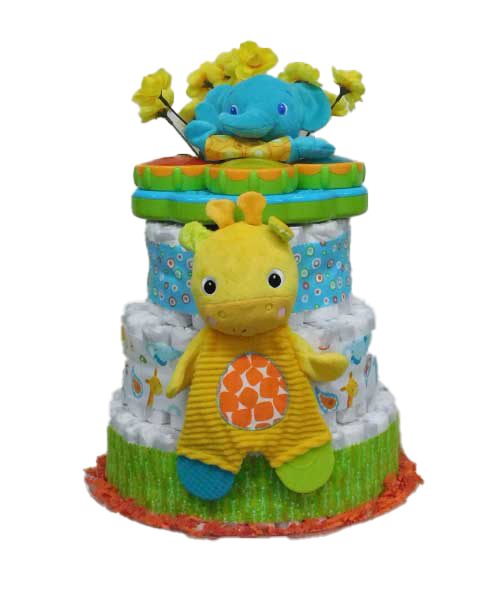 A diaper cake with a giraffe and an elephant on top