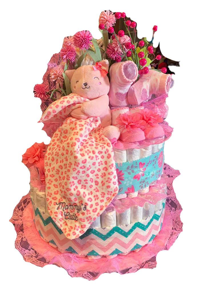 A diaper cake for a baby girl with a teddy bear and flowers.