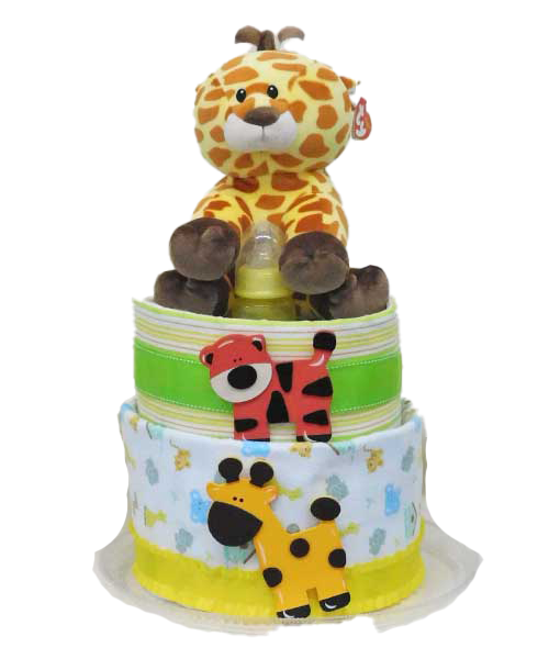 A diaper cake with a stuffed giraffe on top