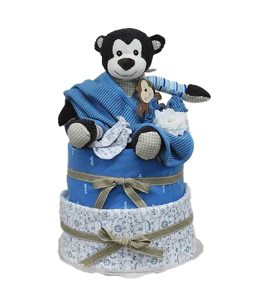 A diaper cake with a stuffed monkey on top of it.