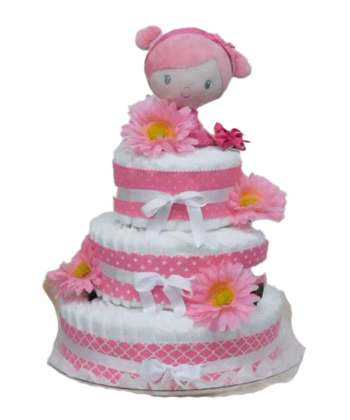 A diaper cake with a doll on top of it