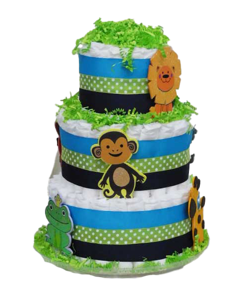 A diaper cake with a monkey and a lion on top
