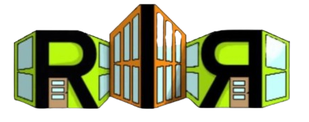 Logo with letters "R" and a central building; green and orange colors.