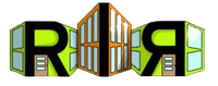 Logo with letters "R" and a central building; green and orange colors.