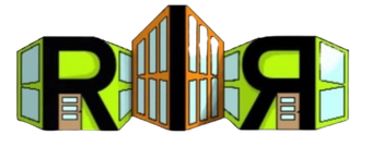 Logo with letters "R" and a central building; green and orange colors.