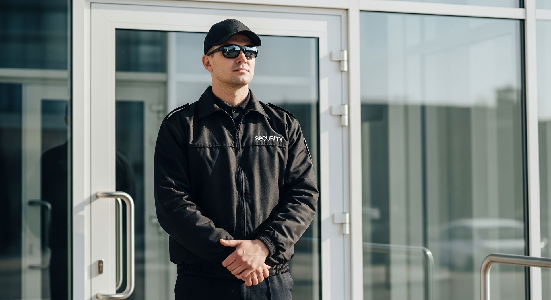 A security guard in black uniform and sunglasses standing at the entrance of a modern glass building. A security guard in black uniform and sunglasses standing at the entrance of a modern glass building.
