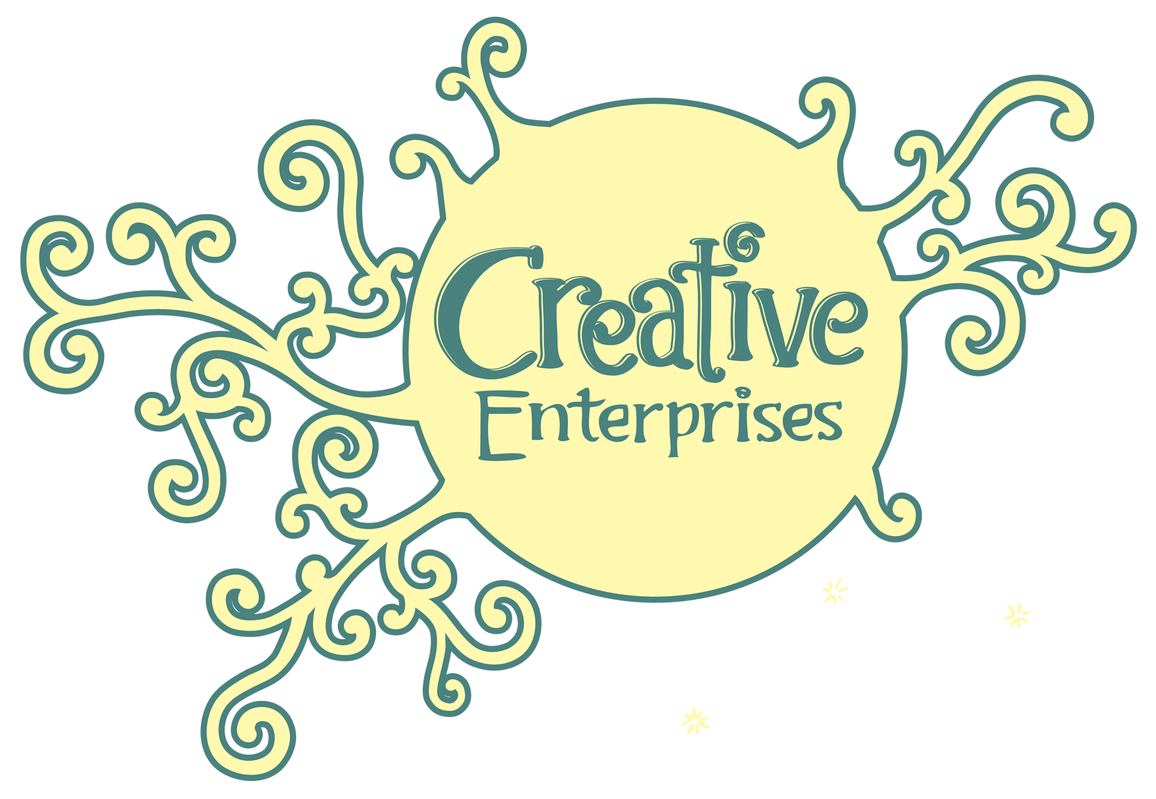 The logo for creative enterprises is a yellow circle with swirls around it.