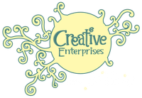 The logo for creative enterprises is a yellow circle with swirls around it.