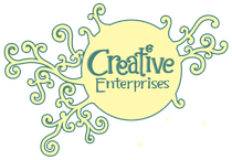 The logo for creative enterprises is a yellow circle with swirls around it.