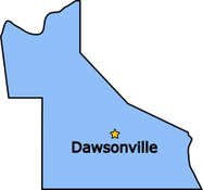 A blue map of dawsonville with a yellow star in the middle