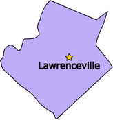 A purple map of lawrenceville with a yellow star.